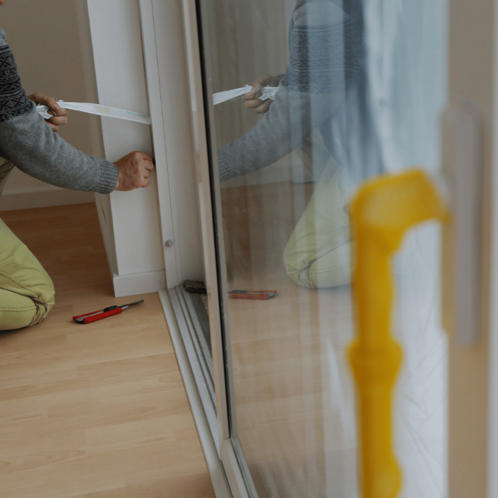 window installer kneeling on the ground applying supplies to a frame while installing a new sliding glass door